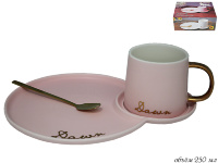 Розовая чайная пара с ложкой Lenardi 250мл 106-028