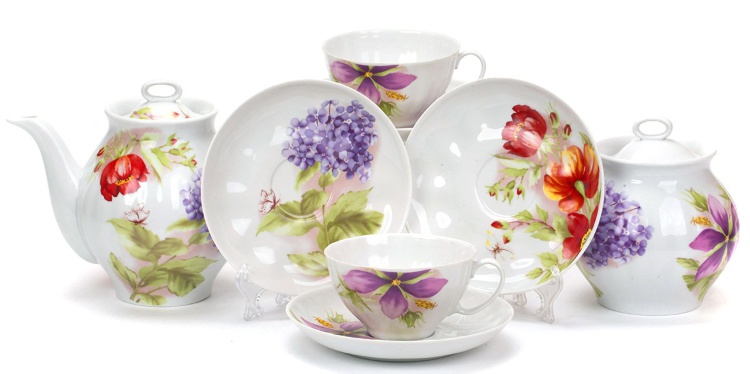 Чайный сервиз Дулево Белый лебедь Альпийские цветы на 6 персон (14 предметов)