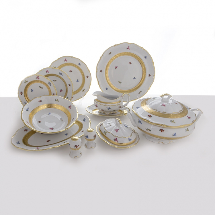 Столовый сервиз Bavarian Porcelain Блюмен Лента Золотая на 6 персон (27 предметов)
