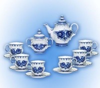 Синий чайный сервиз Гжель Лето на 6 персон (14 предметов) кобальт