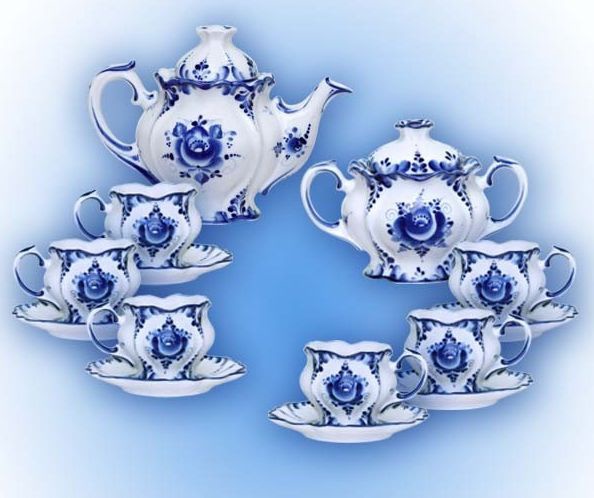 Чайный сервиз Гжель Цветок на 6 персон (14 предметов) кобальт